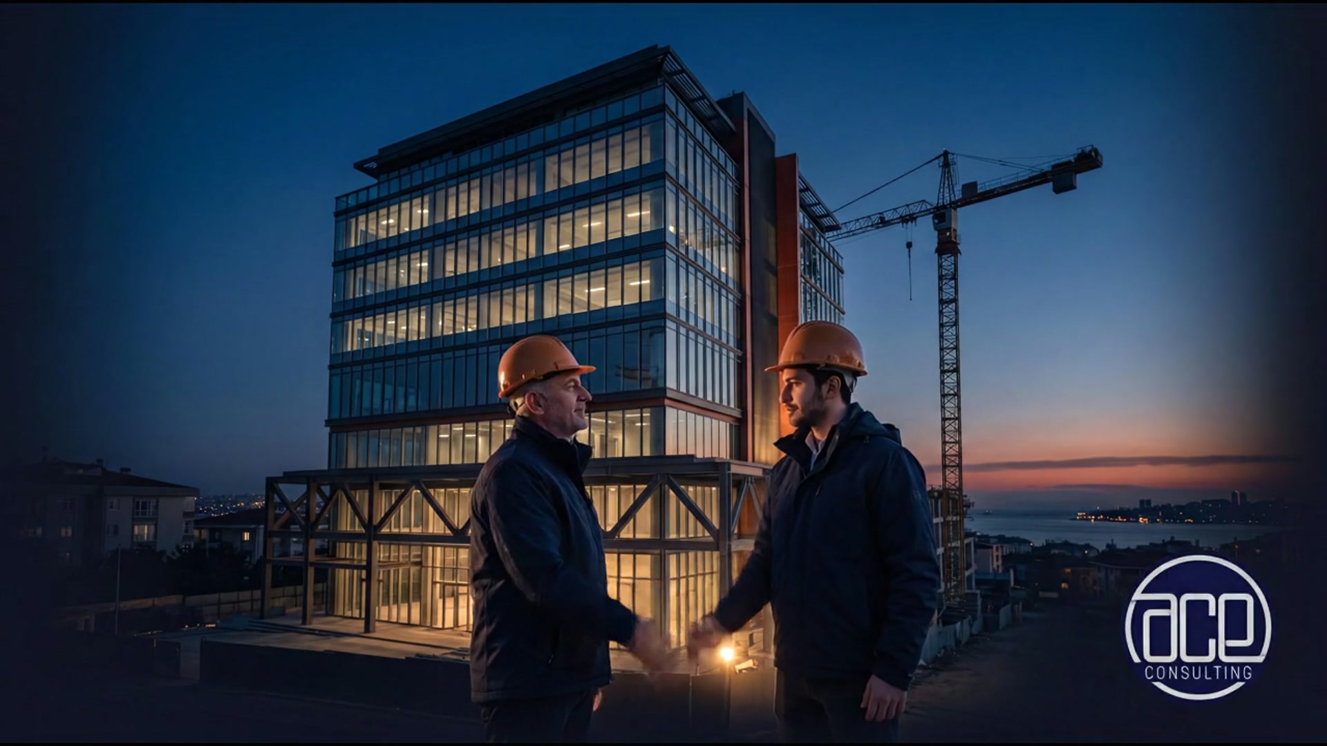 Two engineers shaking hands in front of a completed building at dusk