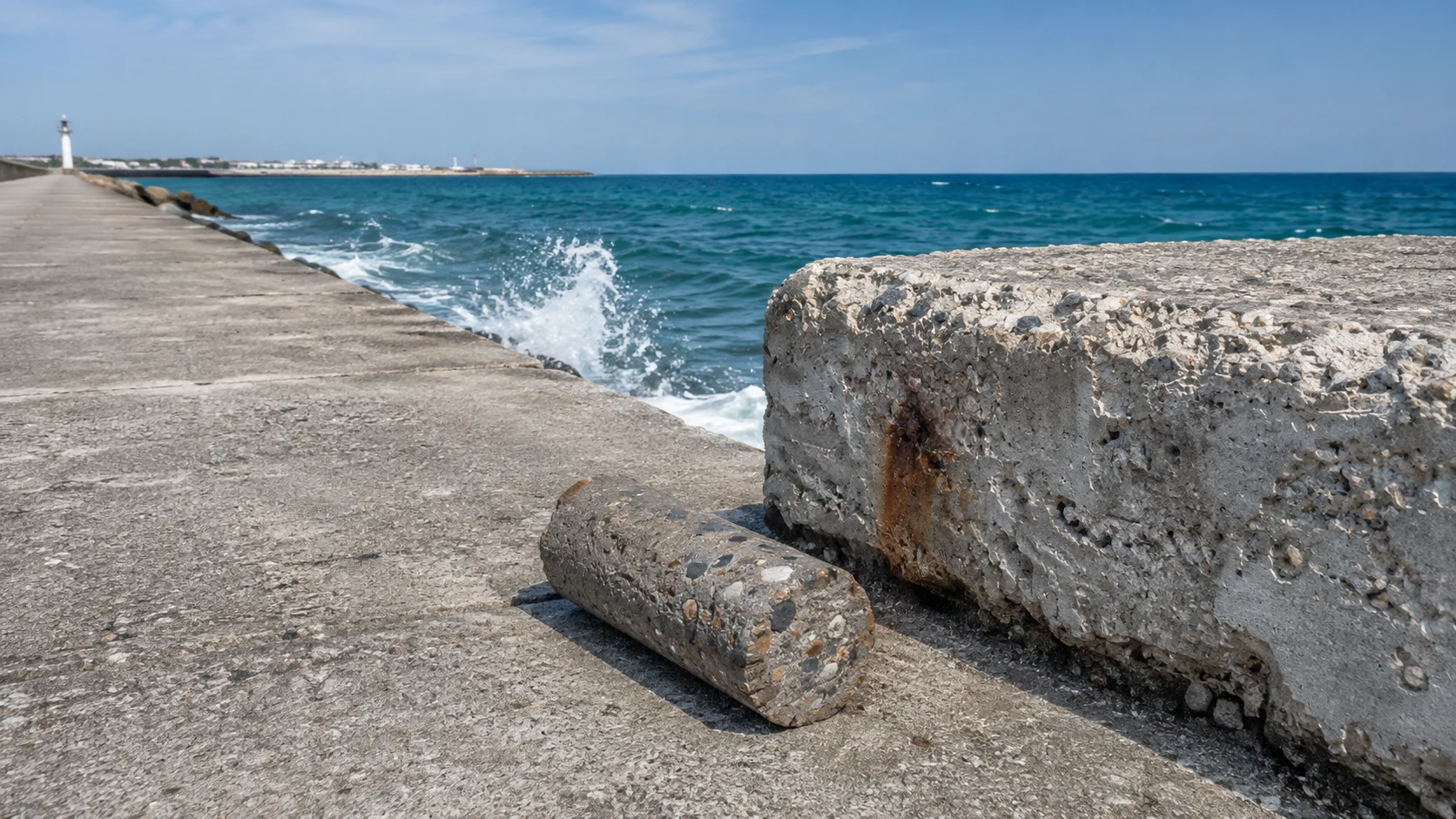 Illustrative weathered marine concrete and a core sample beside seawater