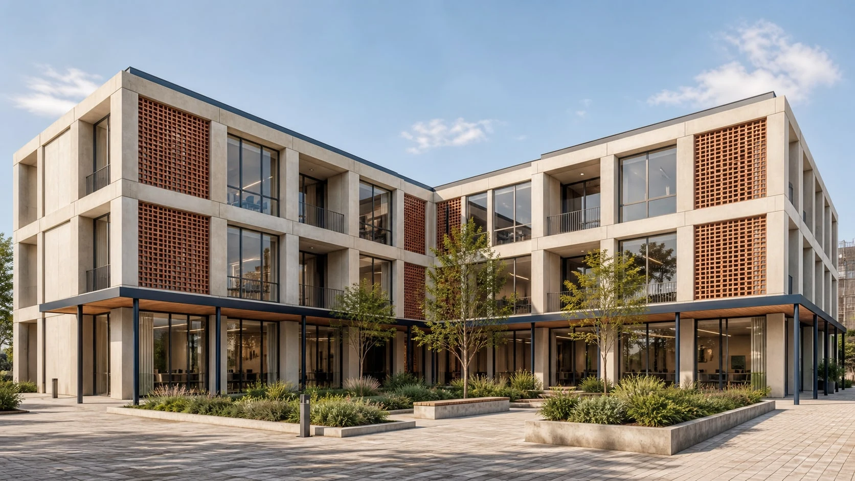 Illustrative three-storey commercial courtyard building with shaded glazing and planted public space