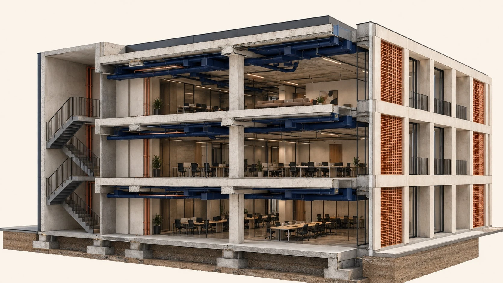 Illustrative cutaway of coordinated structure, spaces and building services