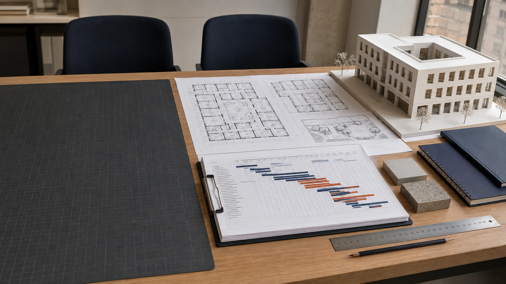 Illustrative project briefing table with plans, programme, model and material samples