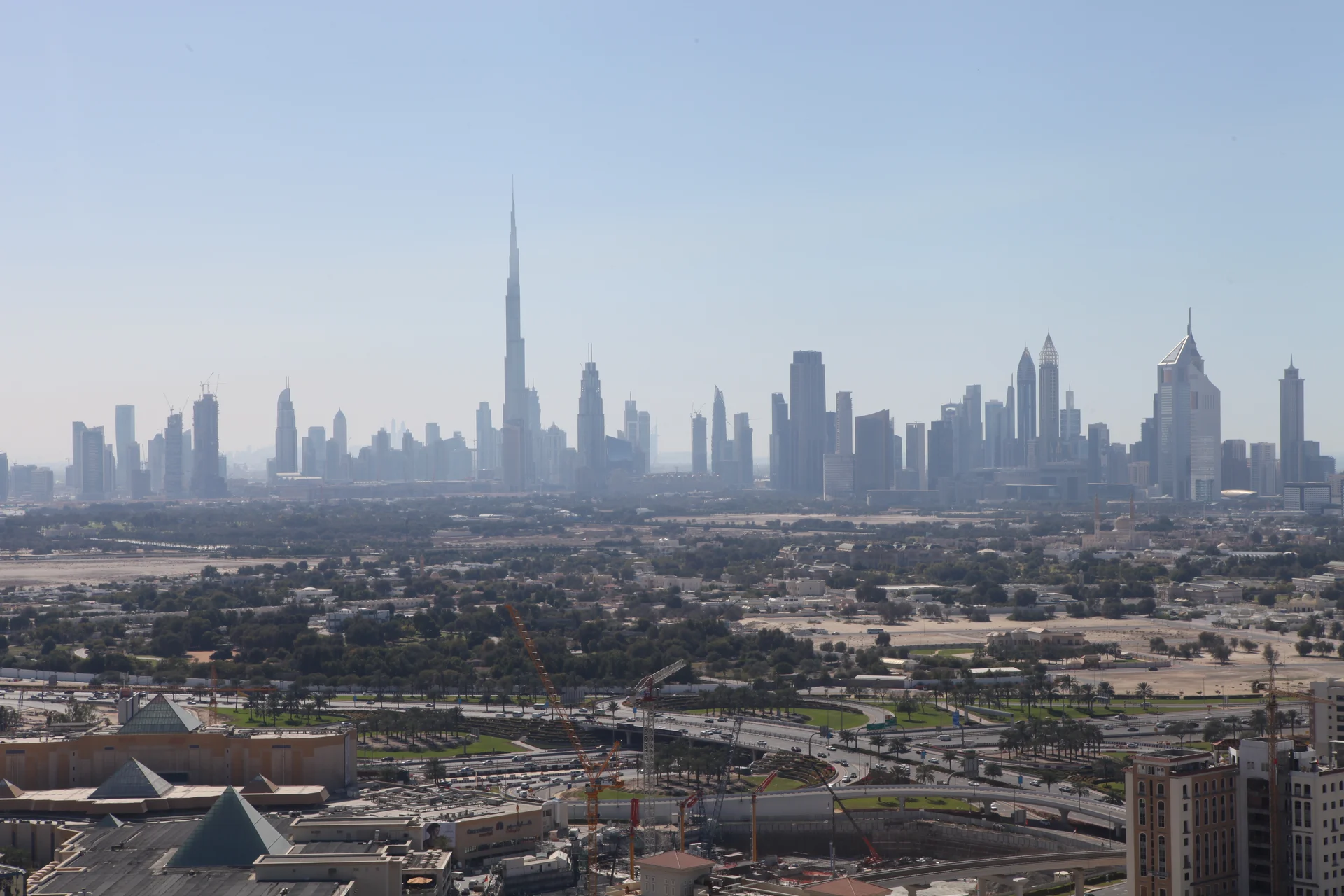 Dubai skyline in daylight, with the Burj Khalifa, photographed in 2016