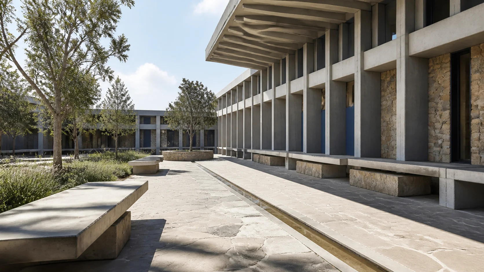 Illustrative durable public courtyard with deep shade and mature planting