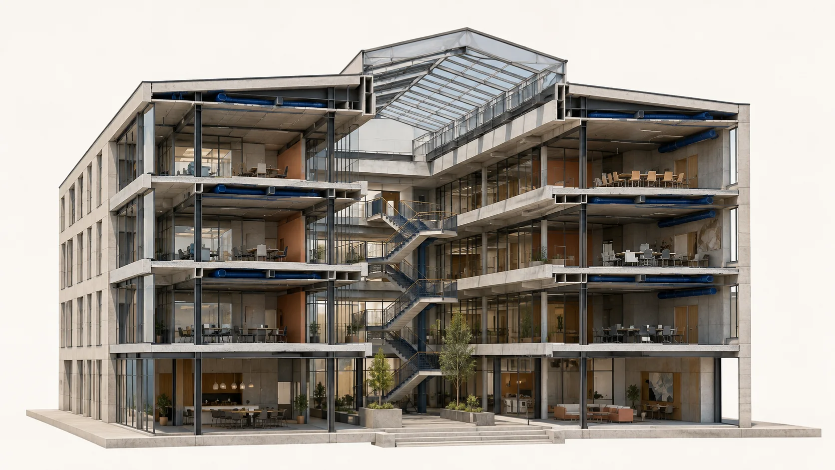 Illustrative commercial atrium section coordinating space, frame and services