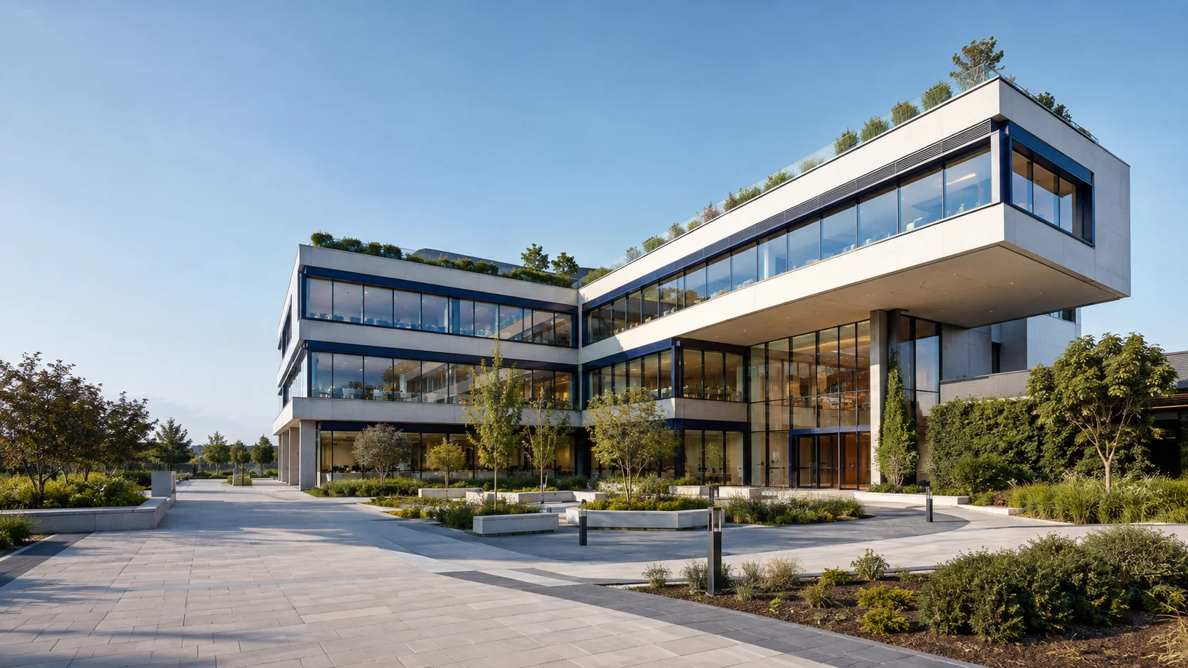 Illustrative courtyard office building with cantilevered white volumes, blue window details and planted roof terraces