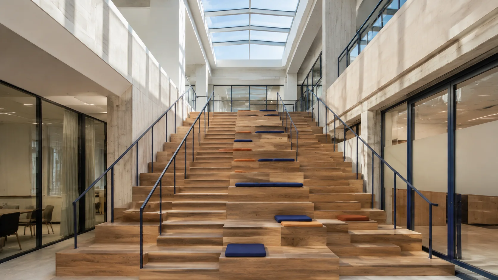 Illustrative daylit workplace with a double-height collaboration stair