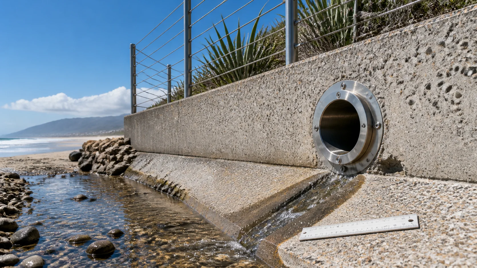Illustrative coastal retaining-wall inspection with exposed aggregate