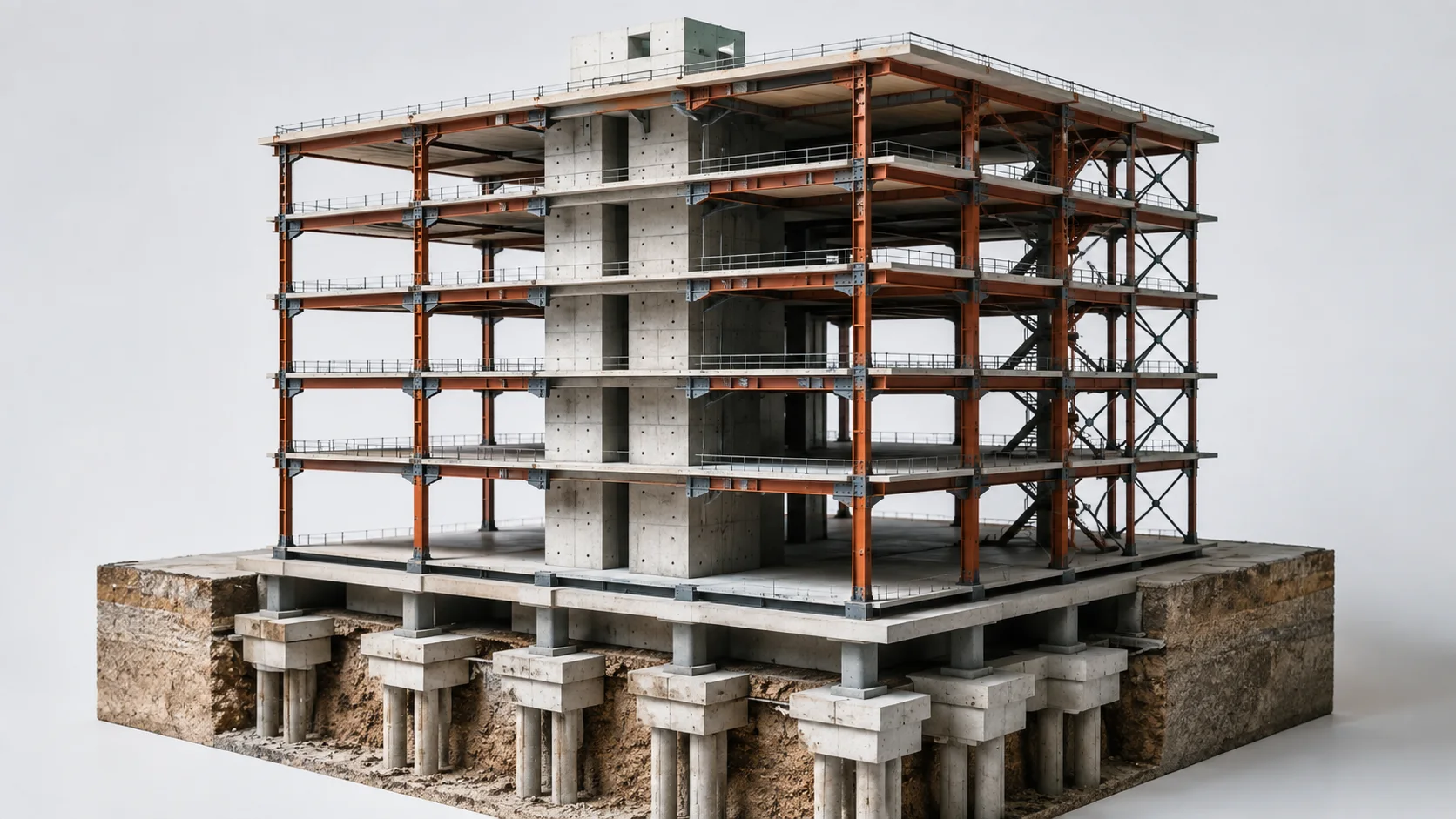 Illustrative structural frame and foundation section for a commercial building