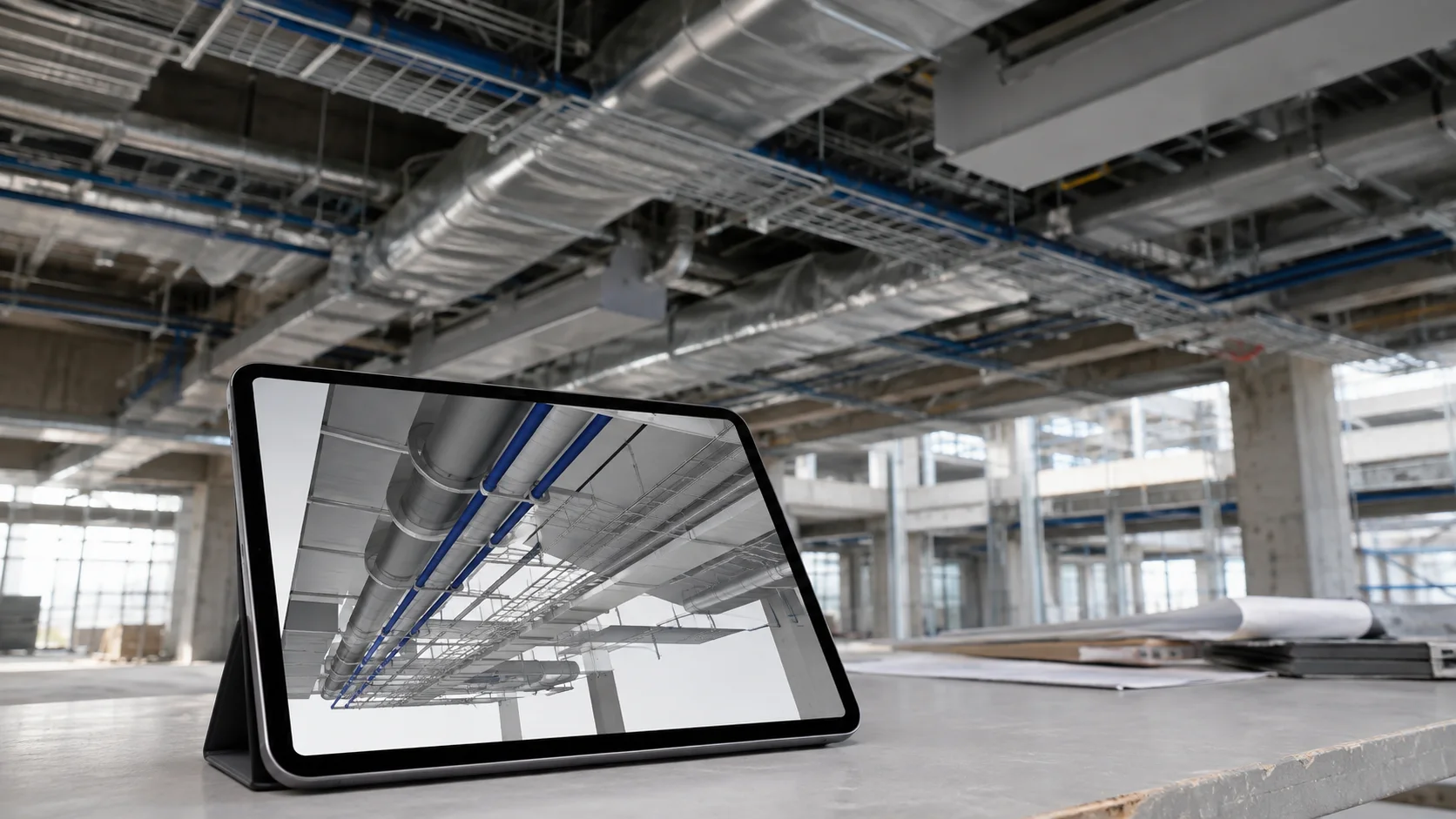 Illustrative on-site comparison of a tablet model and built service installation