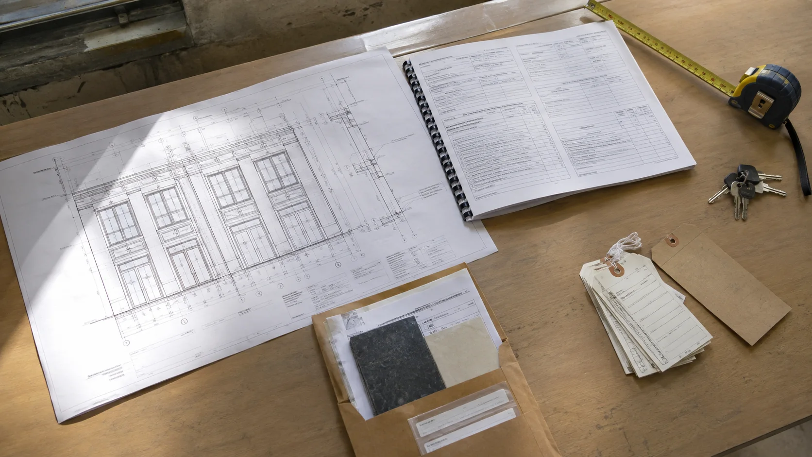 Illustrative site record and handover review with as-built drawings