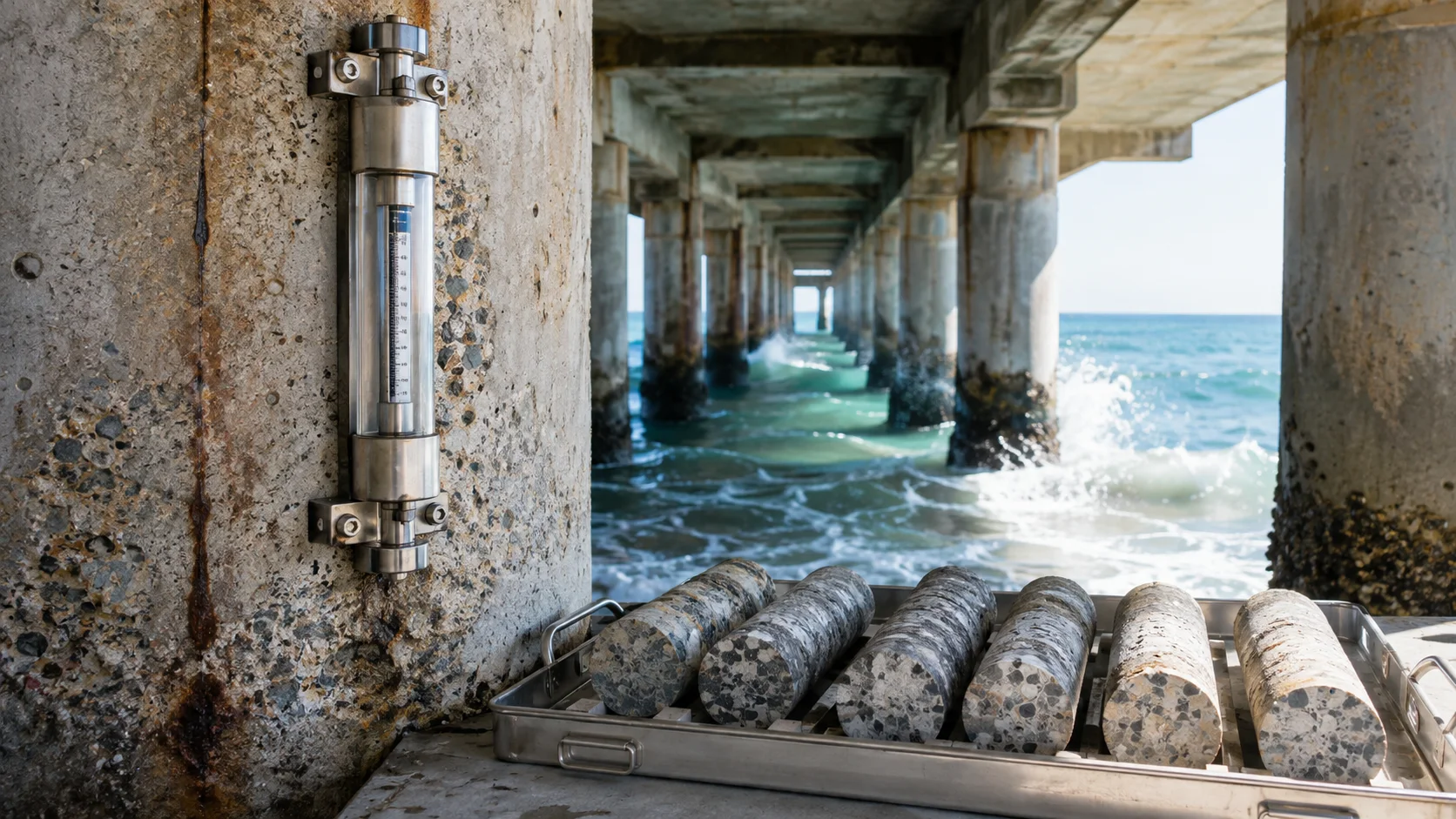 Illustrative chloride-exposure inspection of a coastal concrete pier