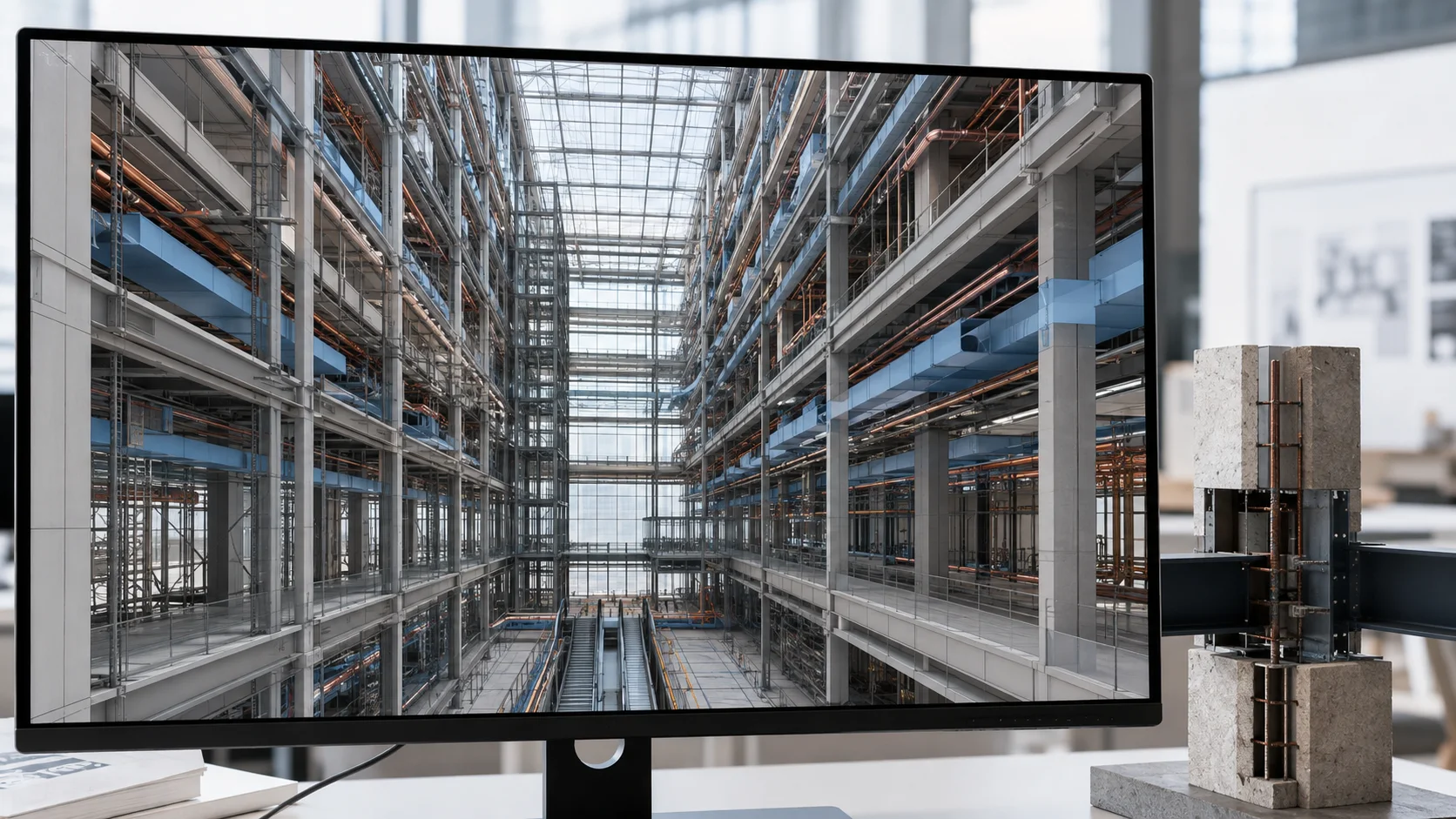 Illustrative digital model review of a commercial building frame