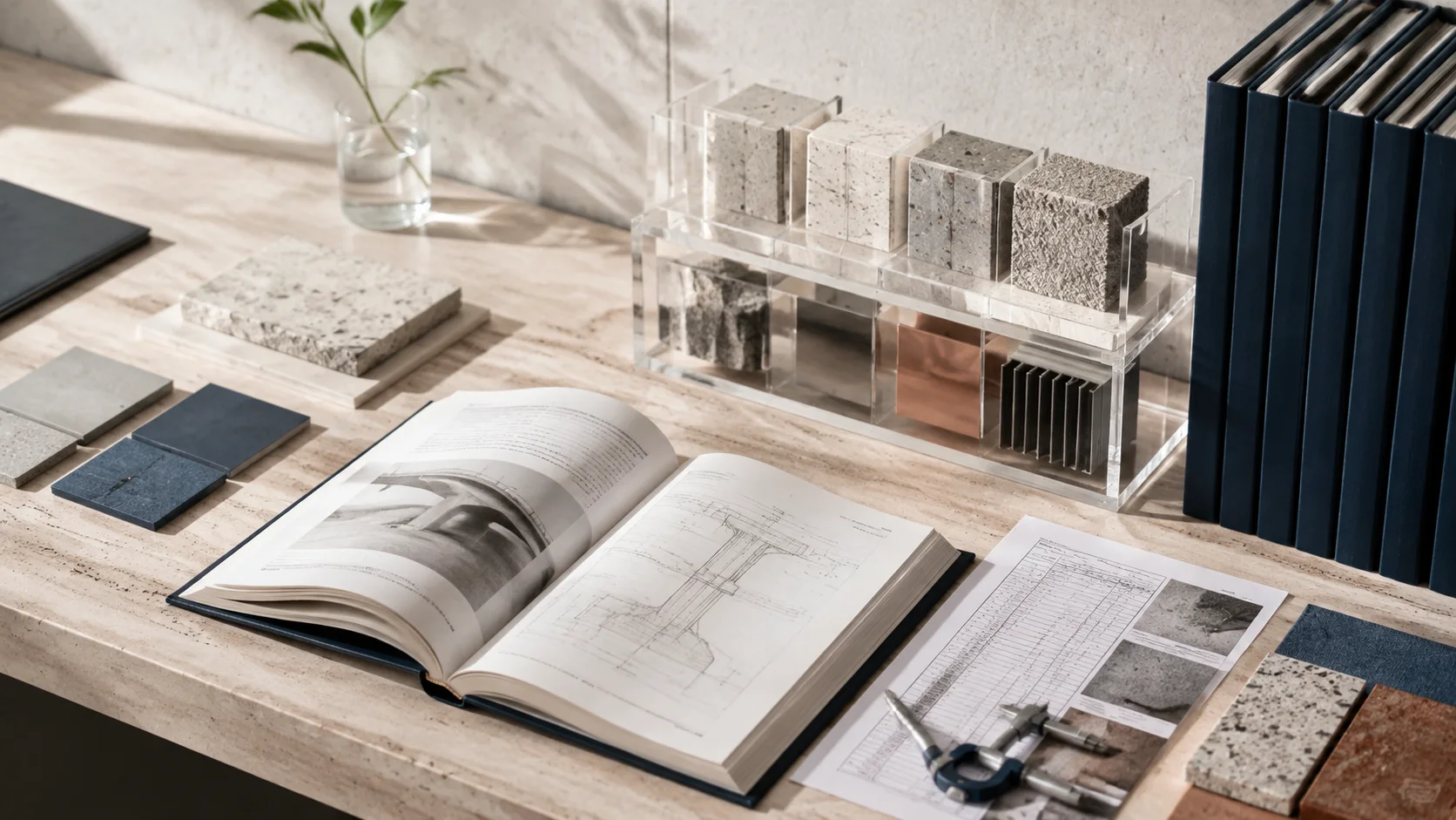 Illustrative engineering research desk with testing records and specification documents