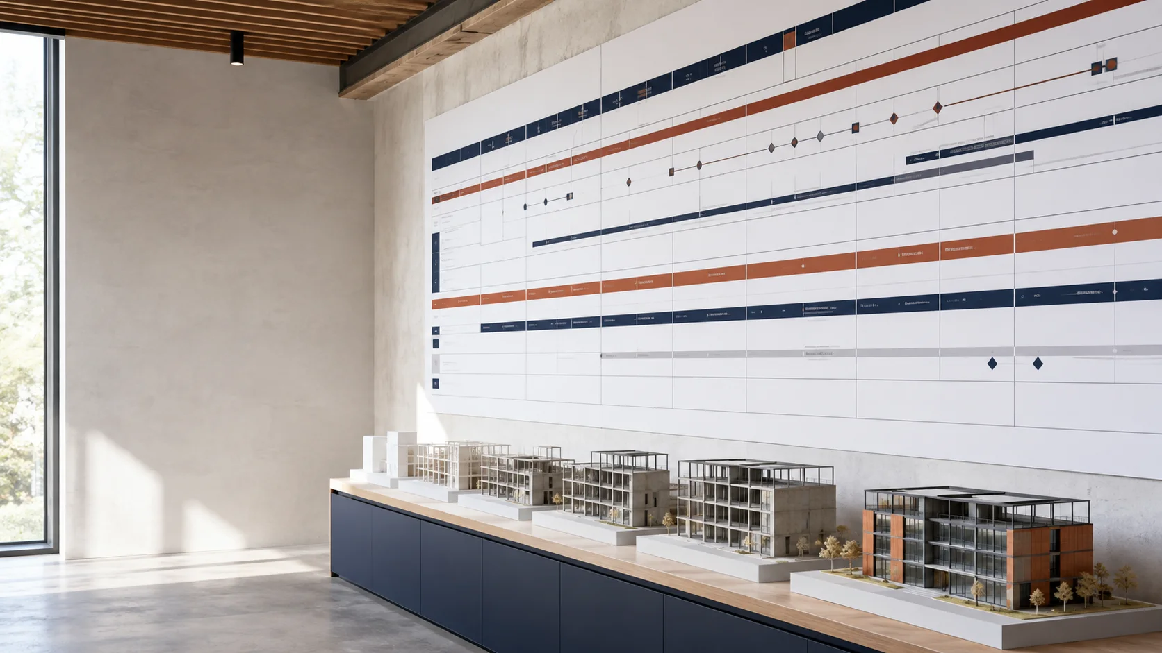 Illustrative project control room with programme board and phased building models