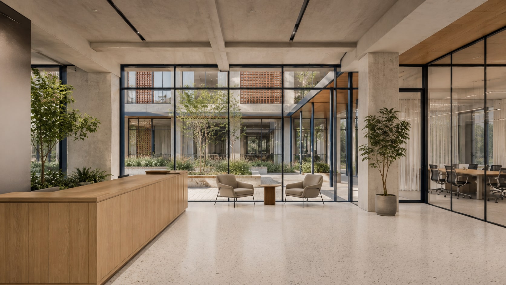 Illustrative commercial lobby looking into the planted courtyard