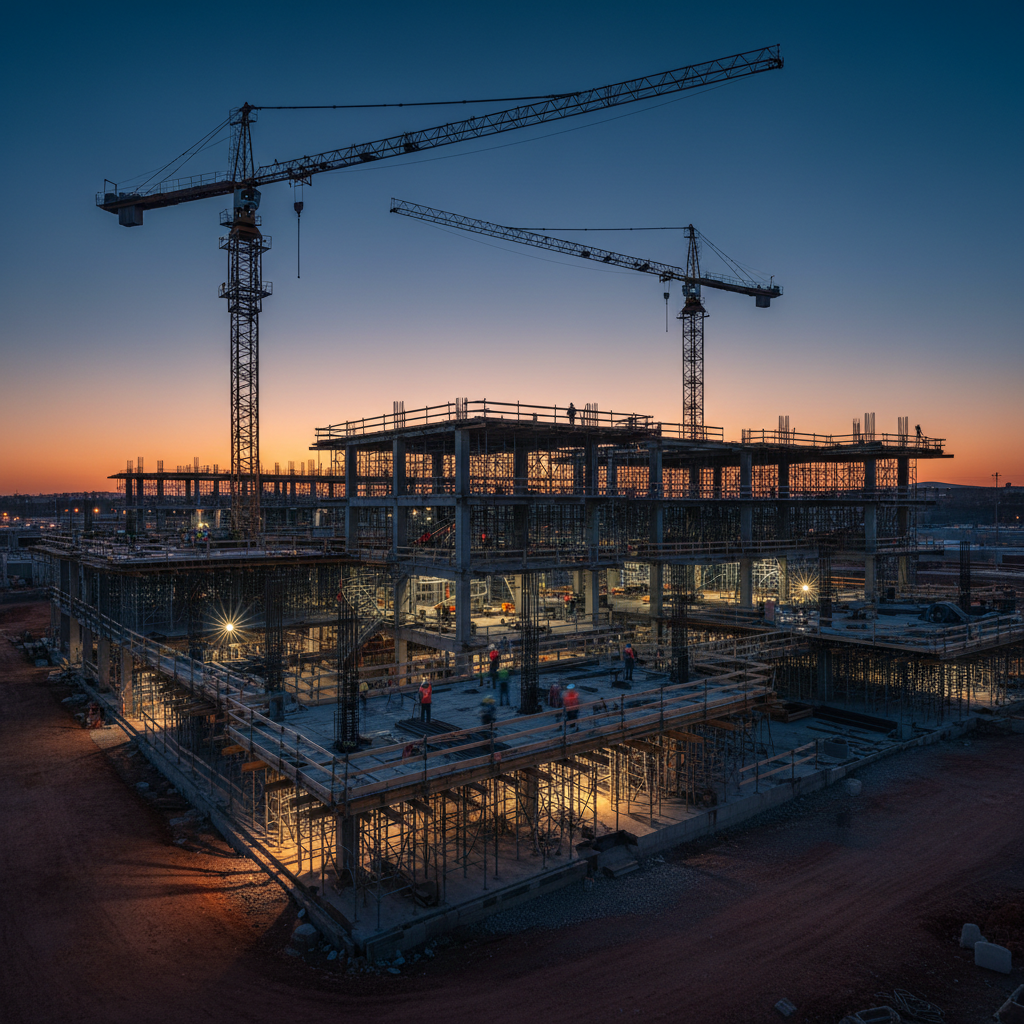 Concrete building under construction with cranes and temporary works